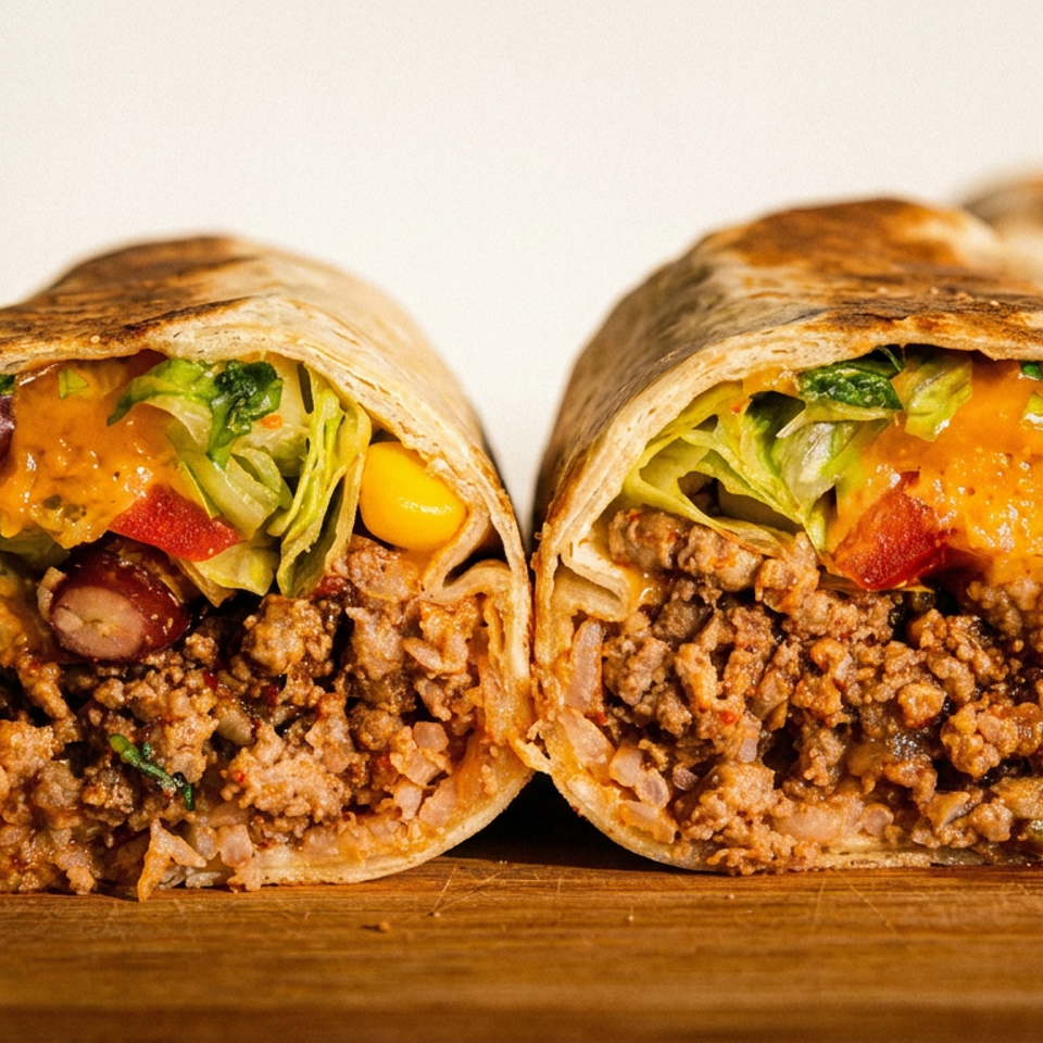 Two halves of a large burrito filled with ground meat, rice, beans, lettuce, and cheese.