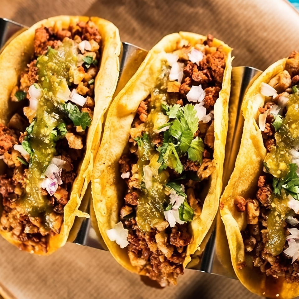Three tacos filled with seasoned meat, green salsa, chopped onions, and cilantro on a black serving tray.