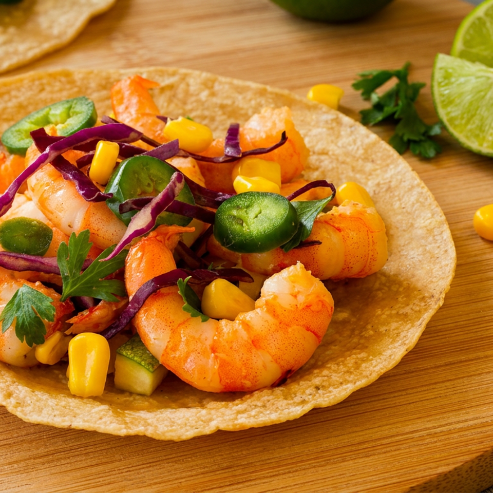 Shrimp taco with corn, red cabbage, jalapeños, and cilantro on a wooden board with lime.