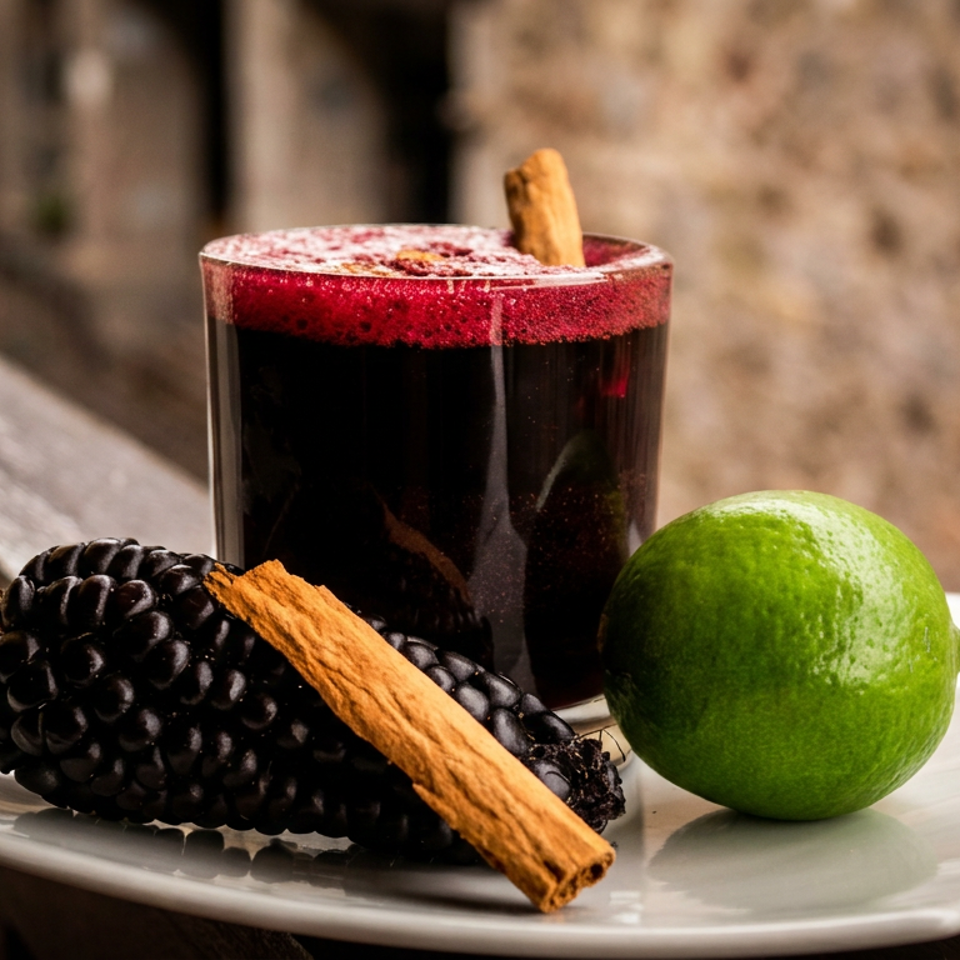 Purple drink with a cinnamon stick, black corn, and a lime on a white plate.