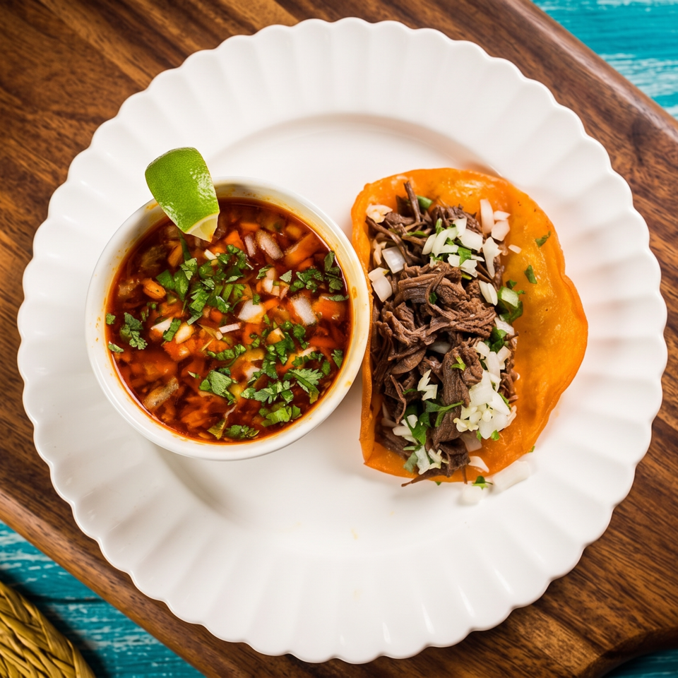 Overhead view of shredded beef tacos with onion and cilantro, served beside a lime-garnished bowl of red salsa on a white plate.
