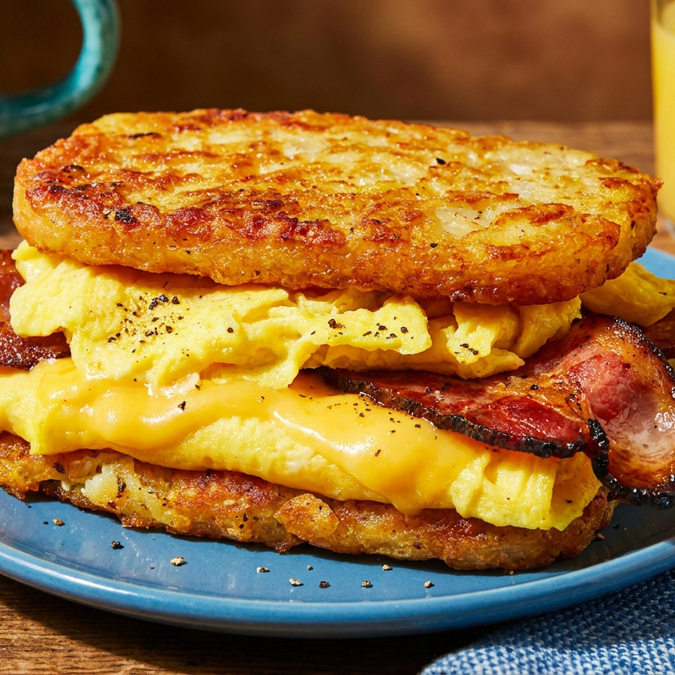 Breakfast sandwich with hash brown patties, scrambled eggs, melted cheese, and bacon on a blue plate.
