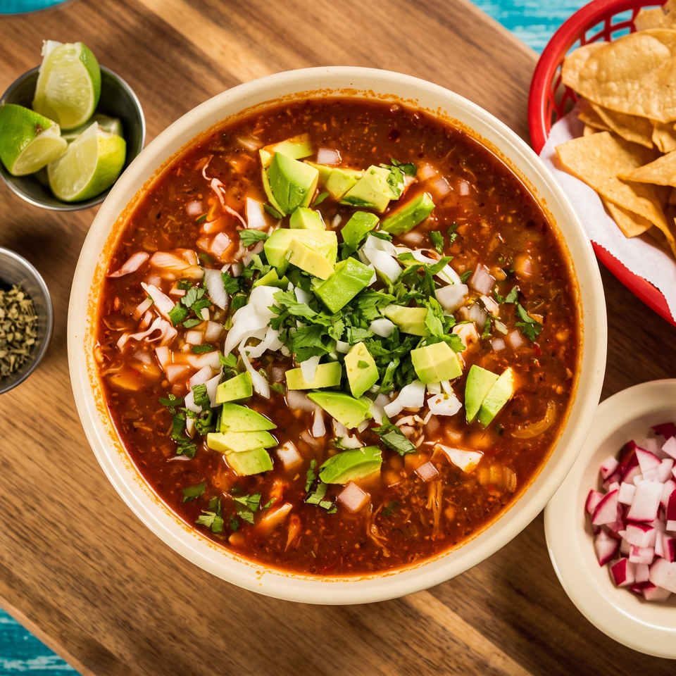 Mexican red soup topped with avocado, onion, cilantro, and cheese, served with tortilla chips, lime wedges, herbs, and radishes.
