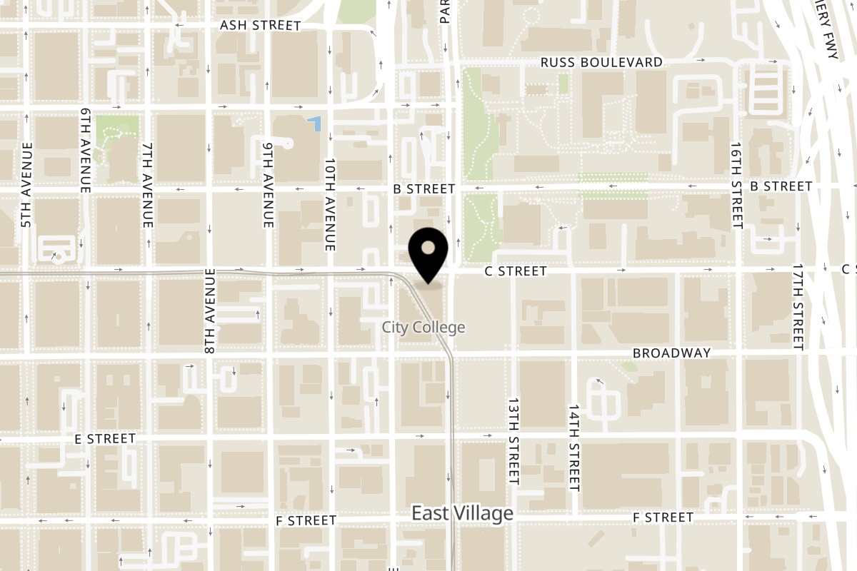 Map showing the location of Rey De Reyes Cocina And Seafood on 1177 C St in San Diego